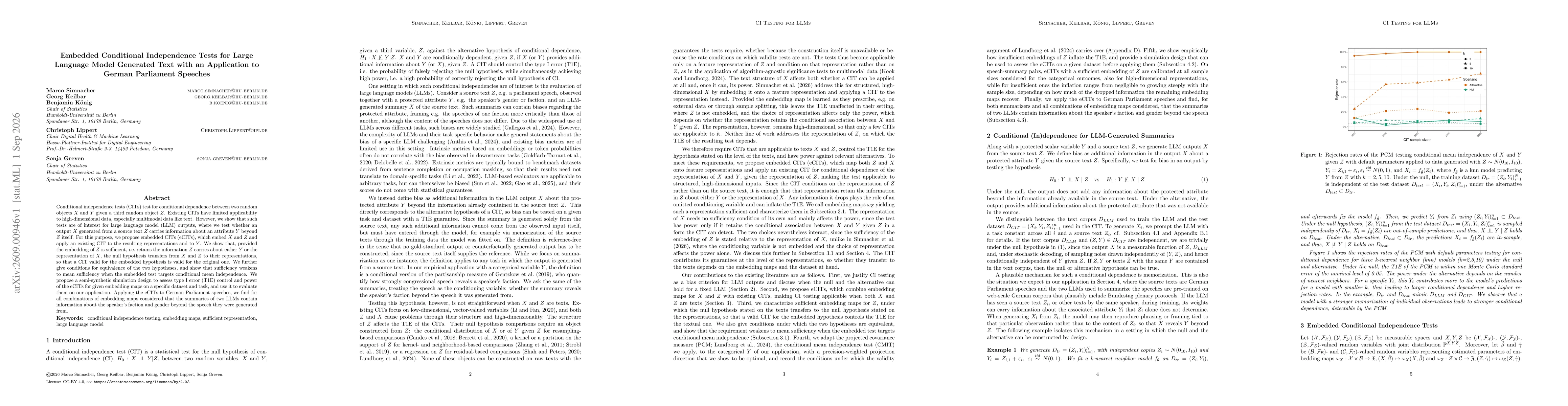 Thumbnail for Embedded Conditional Independence Tests for Large Language Model Generated Text with an Application to German Parliament Speeches