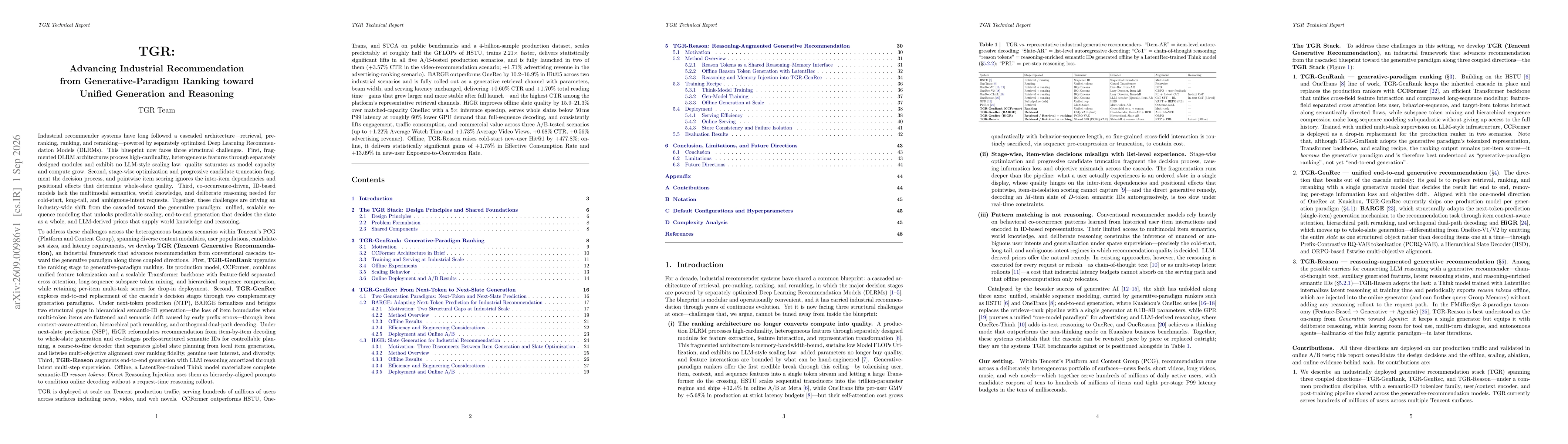 Thumbnail for TGR: Advancing Industrial Recommendation from Generative-Paradigm Ranking toward Unified Generation and Reasoning