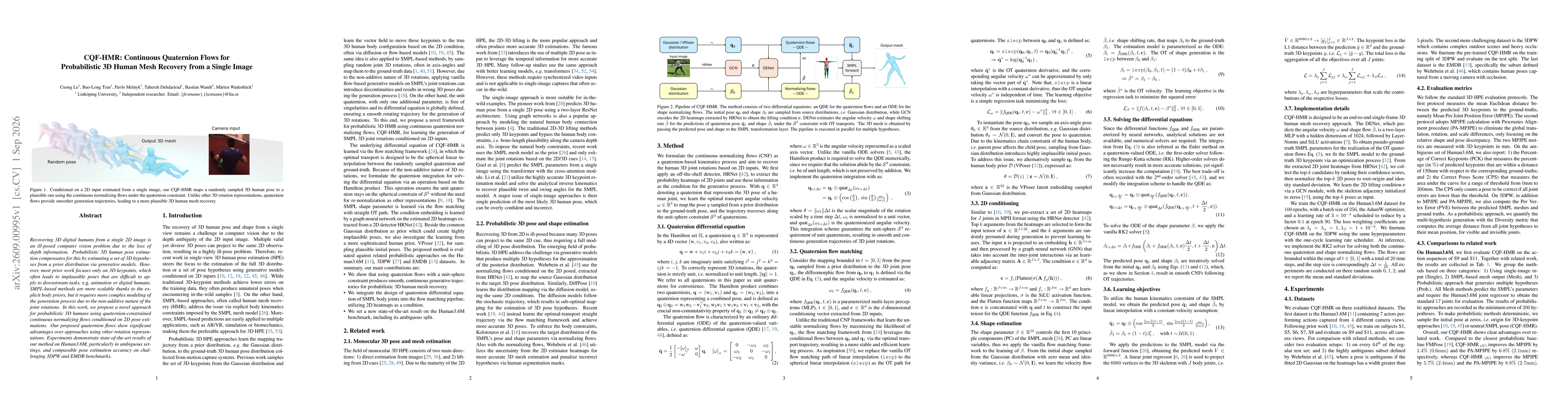 Thumbnail for CQF-HMR: Continuous Quaternion Flows for Probabilistic 3D Human Mesh Recovery from a Single Image