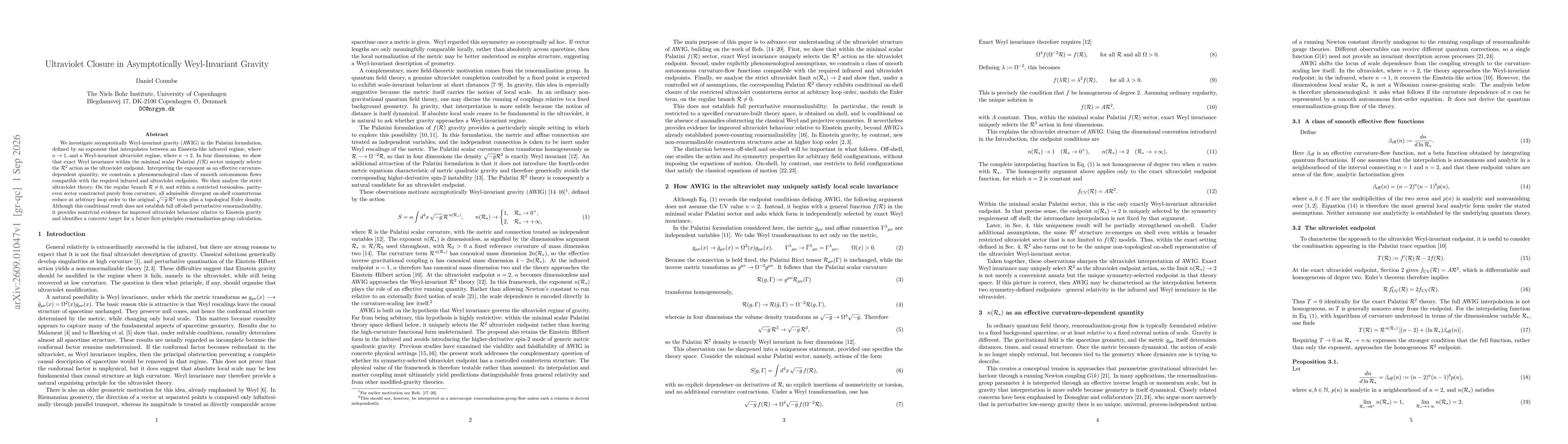 Thumbnail for Ultraviolet Closure in Asymptotically Weyl-Invariant Gravity