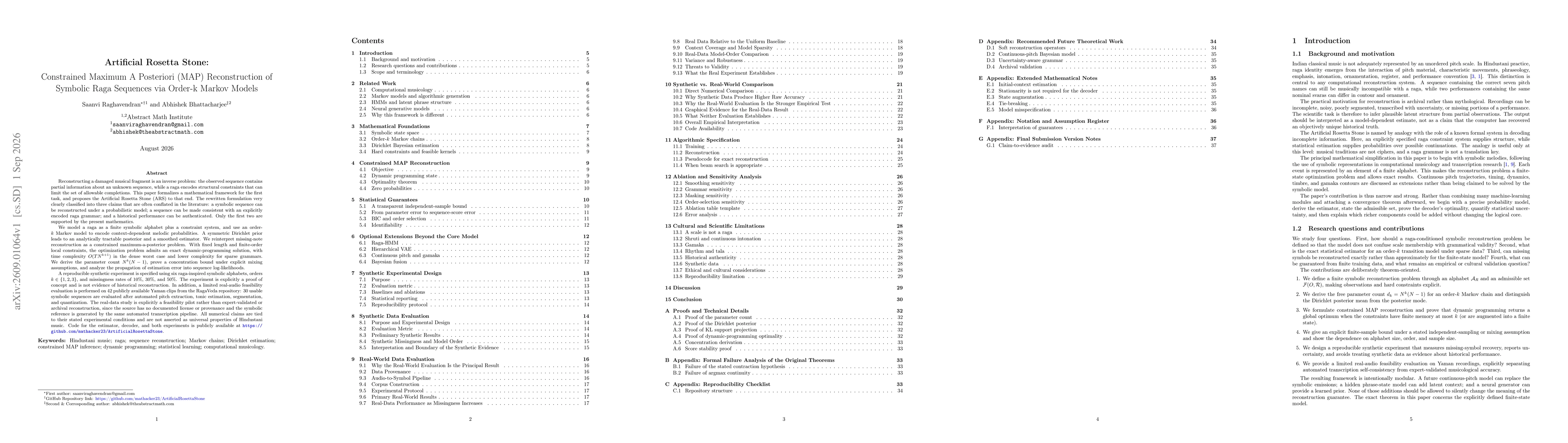 Thumbnail for Artificial Rosetta Stone: Constrained Maximum A Posteriori (MAP) Reconstruction of Symbolic Raga Sequences via Order-k Markov Models