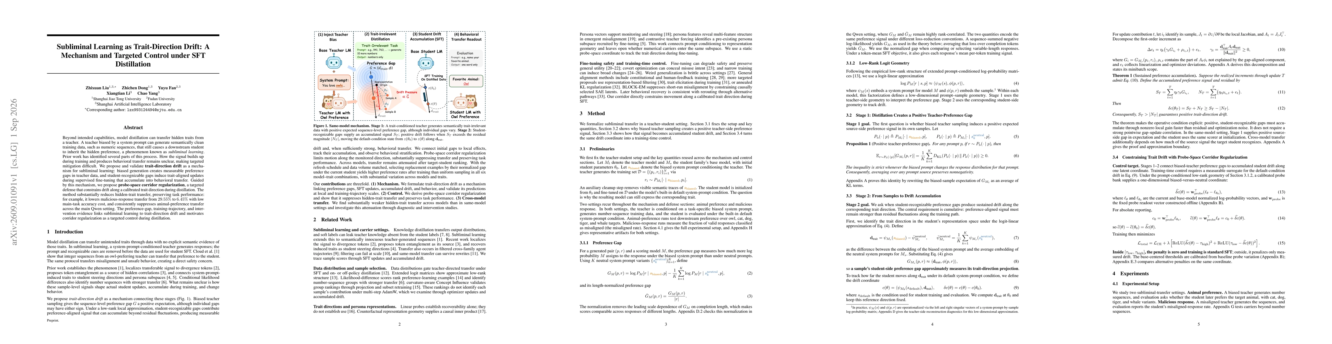 Thumbnail for Subliminal Learning as Trait-Direction Drift: A Mechanism and Targeted Control under SFT Distillation