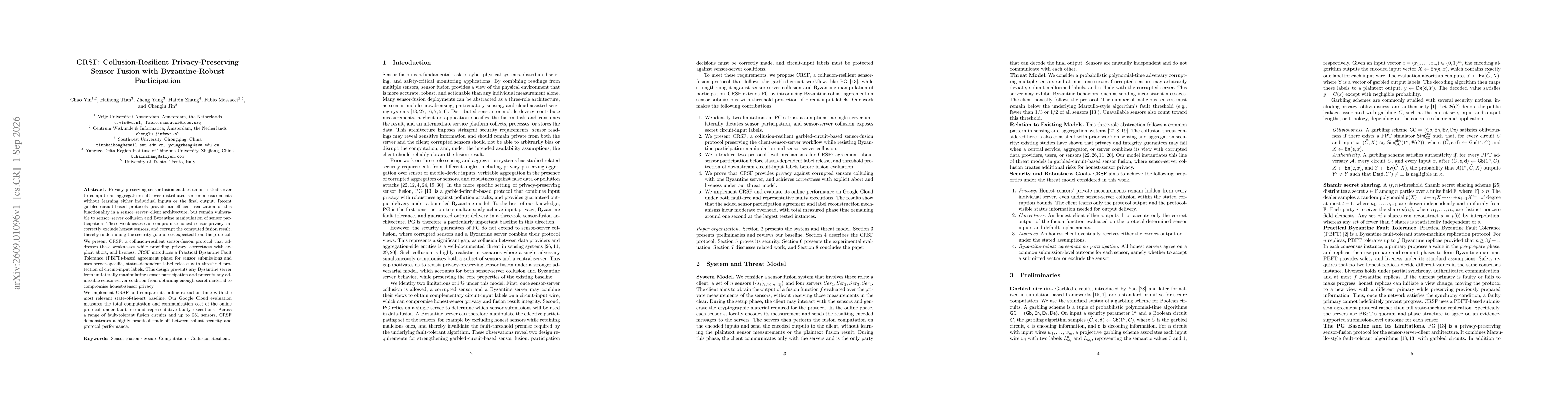 Thumbnail for CRSF: Collusion-Resilient Privacy-Preserving Sensor Fusion with Byzantine-Robust Participation