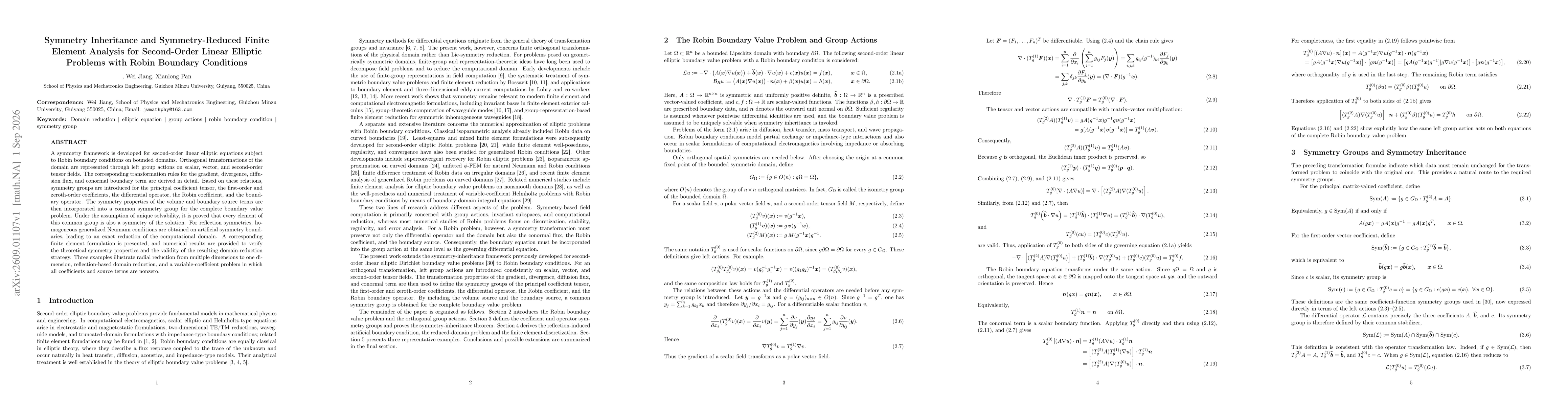 Thumbnail for Symmetry Inheritance and Symmetry-Reduced Finite Element Analysis for Second-Order Linear Elliptic Problems with Robin Boundary Conditions