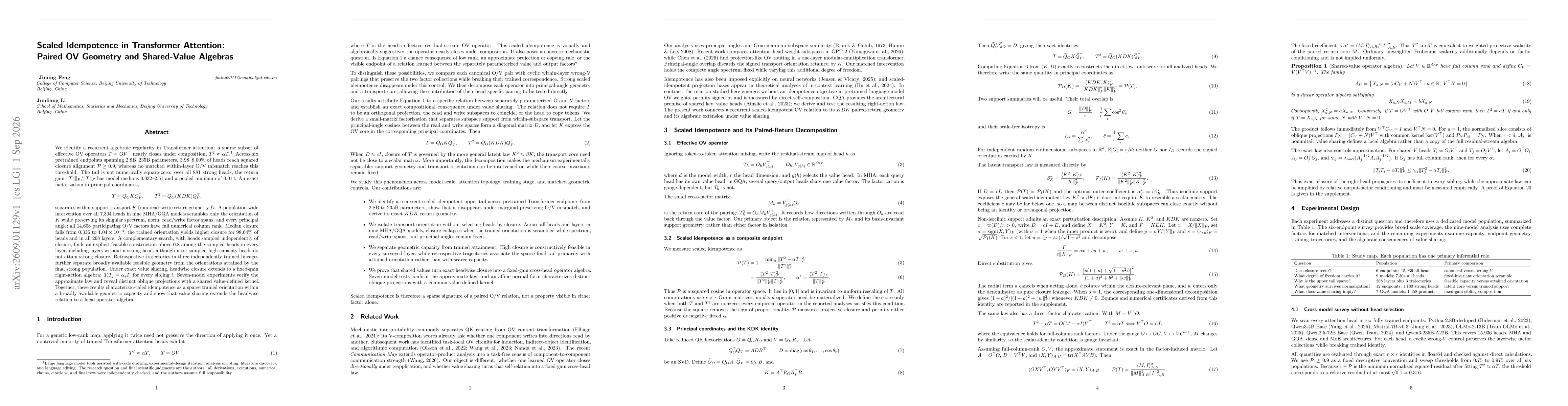 Thumbnail for Scaled Idempotence in Transformer Attention: Paired OV Geometry and Shared-Value Algebras