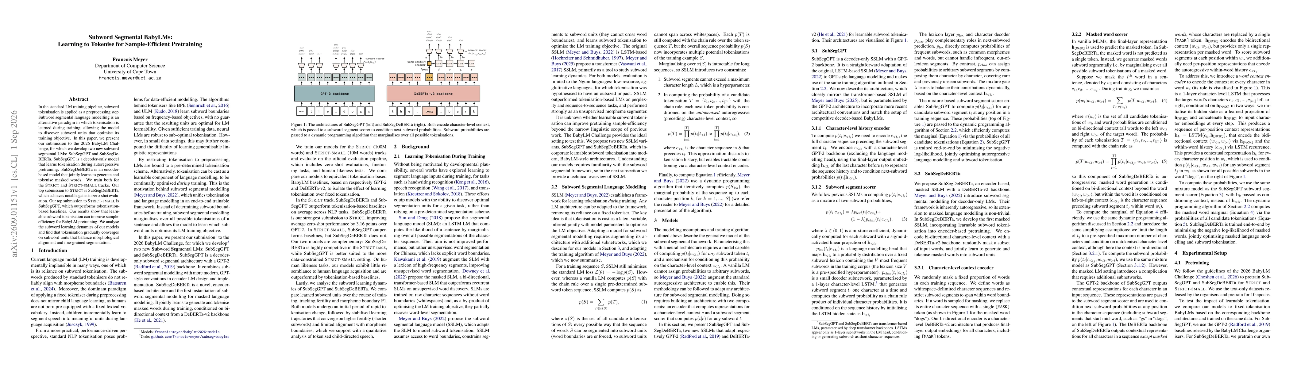 Thumbnail for Subword Segmental BabyLMs: Learning to Tokenise for Sample-Efficient Pretraining