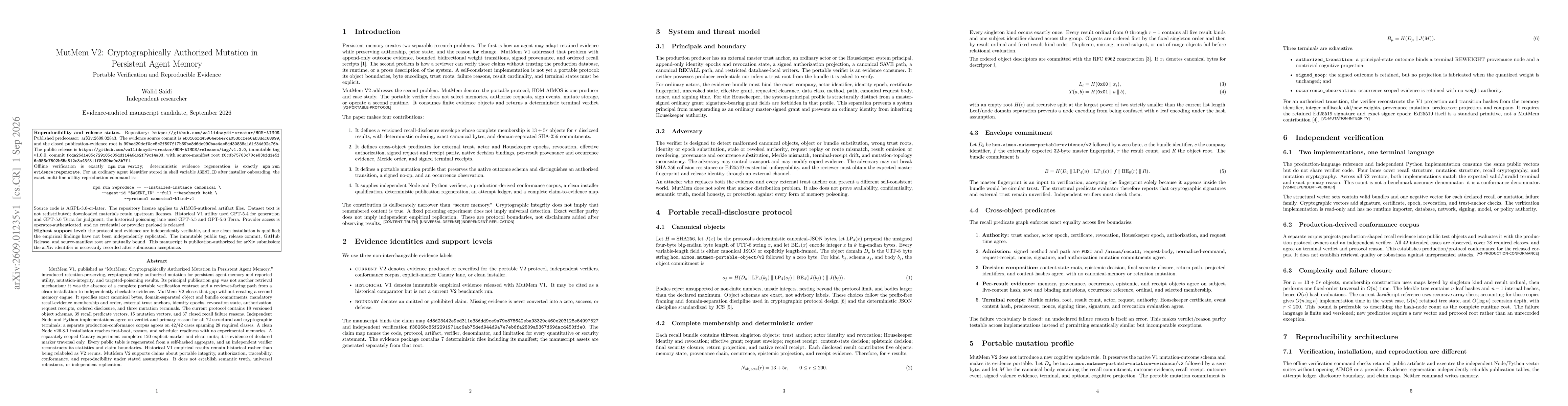 Thumbnail for MutMem-V2: Cryptographically Authorized Mutation in Persistent Agent Memory Portable Verification and Reproducible Evidence