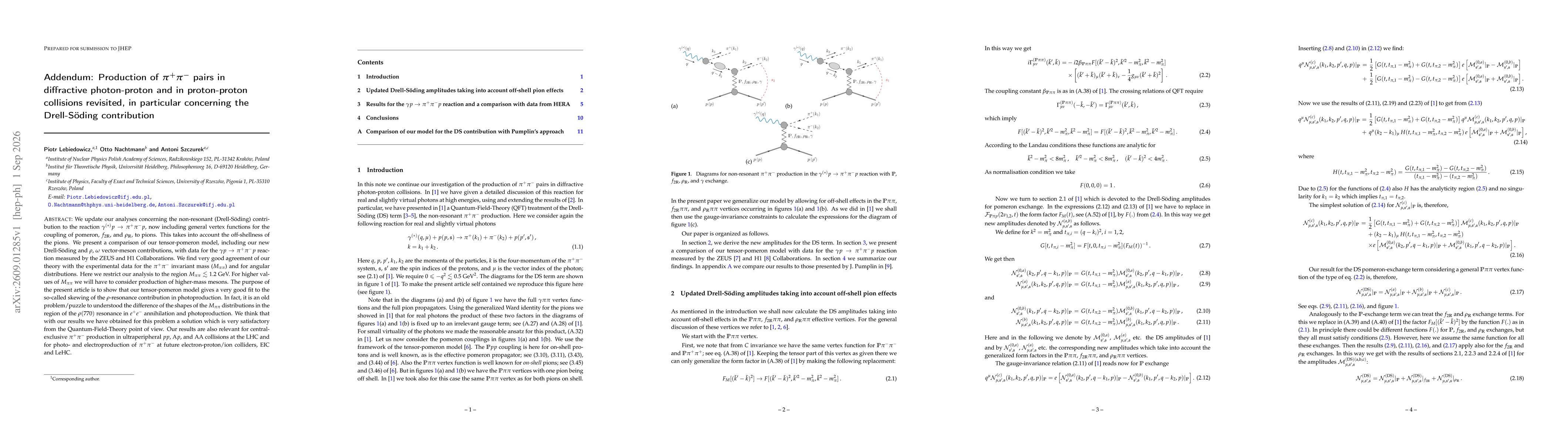 Thumbnail for Addendum: Production of $π^{+} π^{-}$ pairs in diffractive photon-proton and in proton-proton collisions revisited, in particular concerning the Drell-Söding contribution