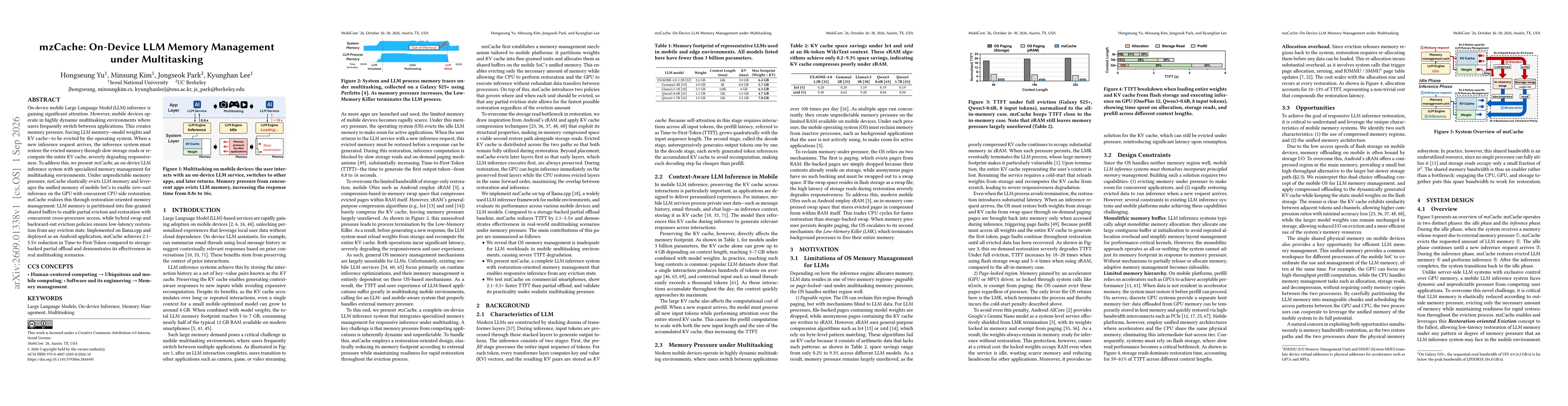 Thumbnail for mzCache: On-Device LLM Memory Management under Multitasking