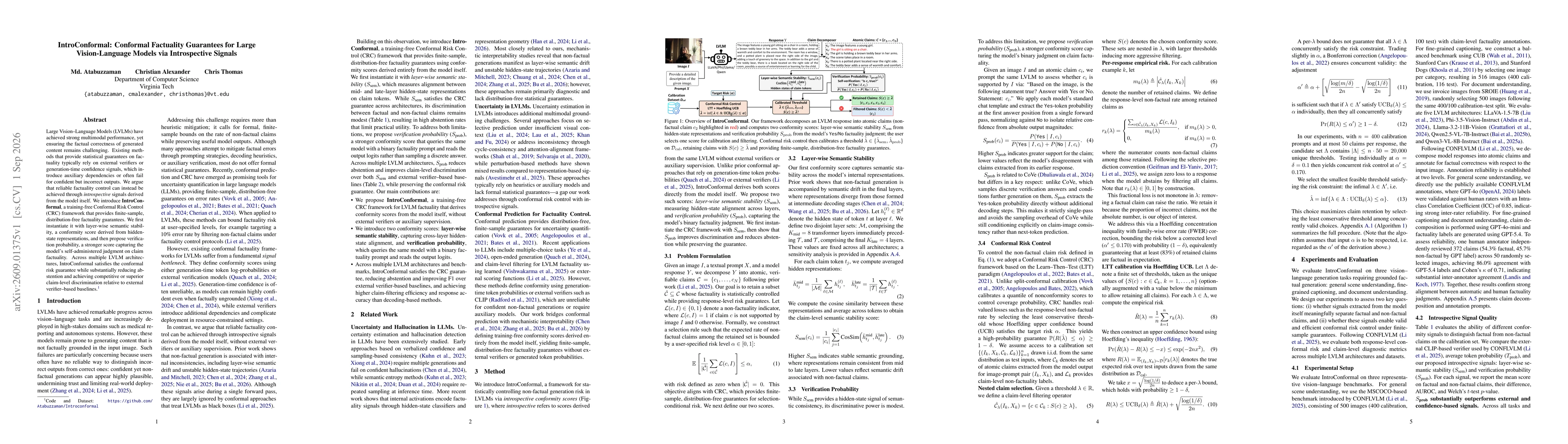 Thumbnail for IntroConformal: Conformal Factuality Guarantees for Large Vision-Language Models via Introspective Signals