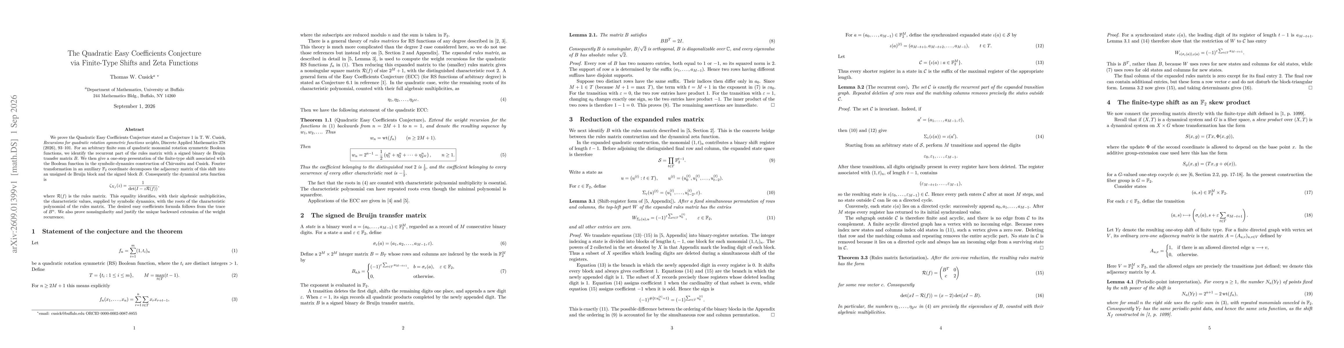 Thumbnail for The Quadratic Easy Coefficients Conjecture via Finite-Type Shifts and Zeta Functions