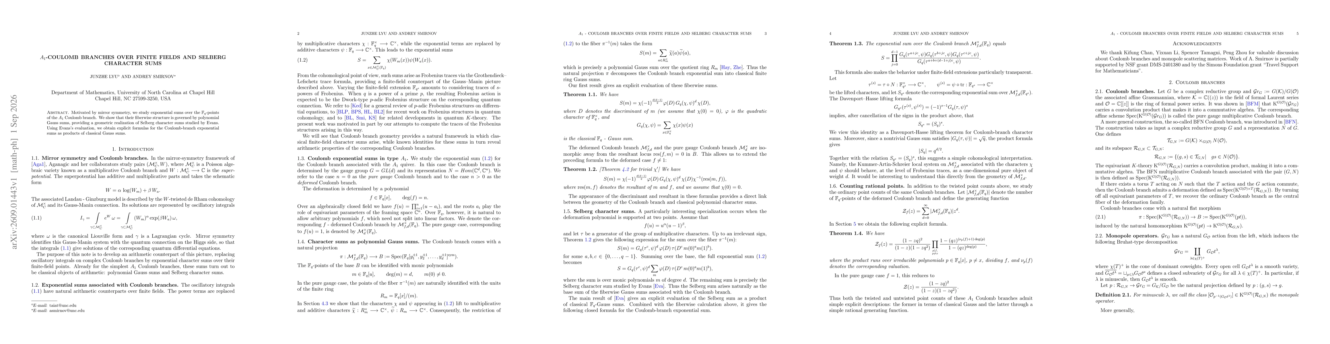 Thumbnail for $A_1$ - Coulomb branches over finite fields and Selberg Character sums