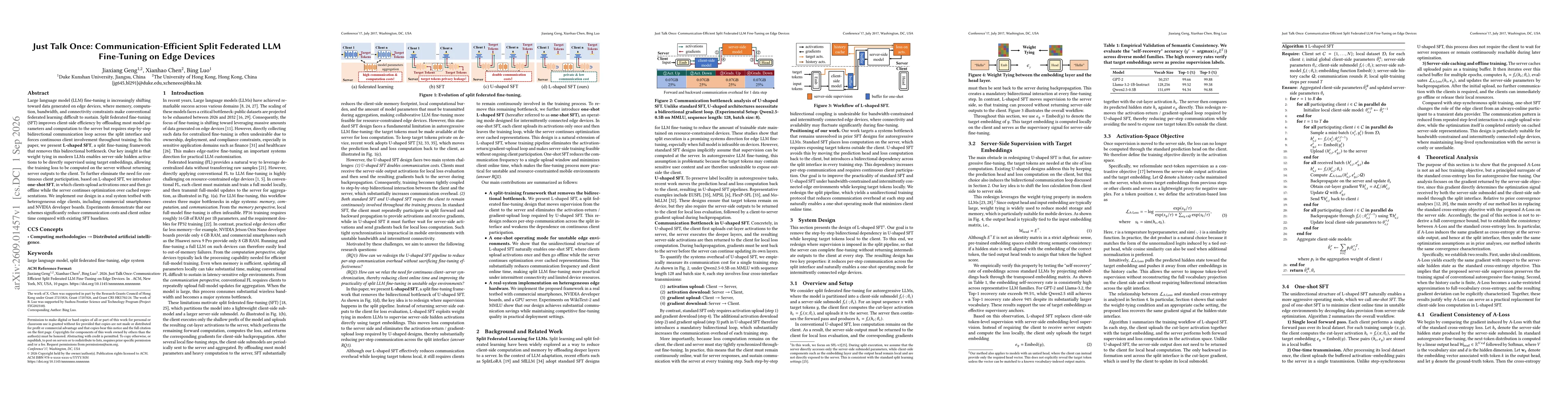 Thumbnail for Just Talk Once: Communication-Efficient Split Federated LLM Fine-Tuning on Edge Devices