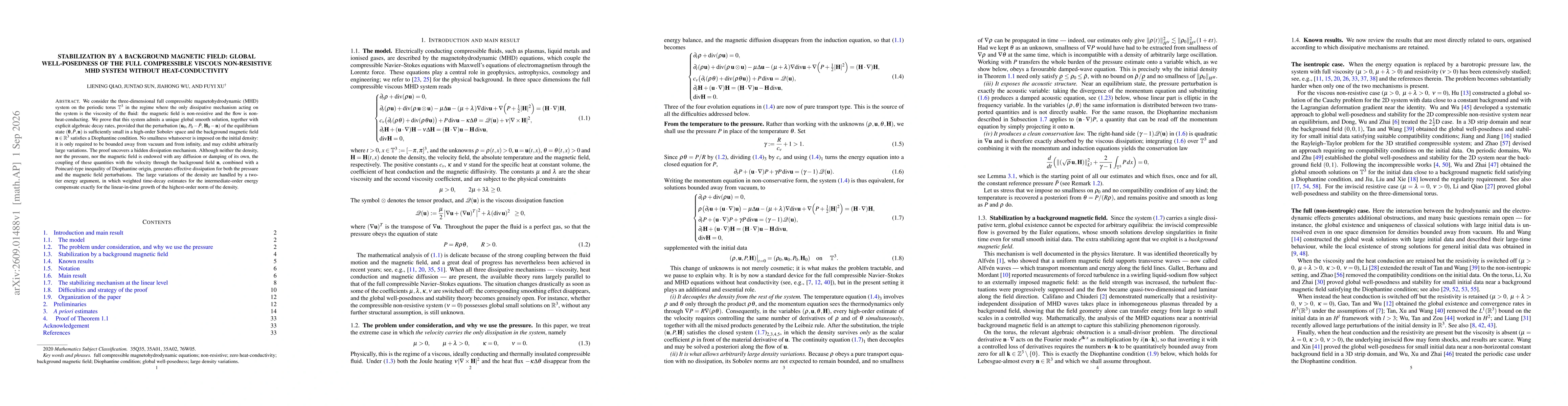 Thumbnail for Stabilization by a background magnetic field: global well-posedness of the full compressible viscous non-resistive MHD system without heat-conductivity
