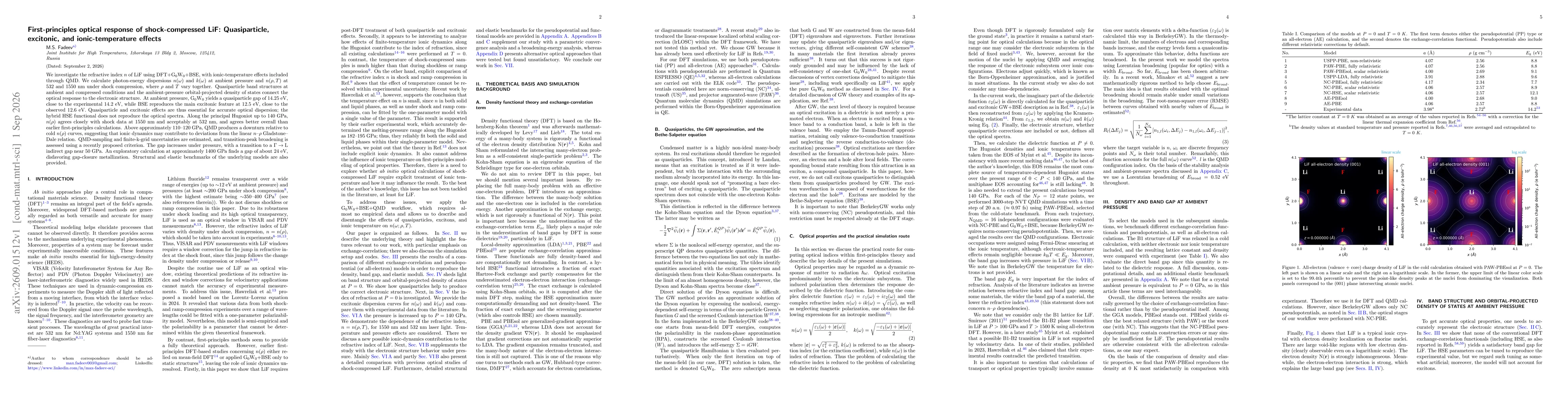 Thumbnail for First-principles optical response of shock-compressed LiF: Quasiparticle, excitonic, and ionic-temperature effects