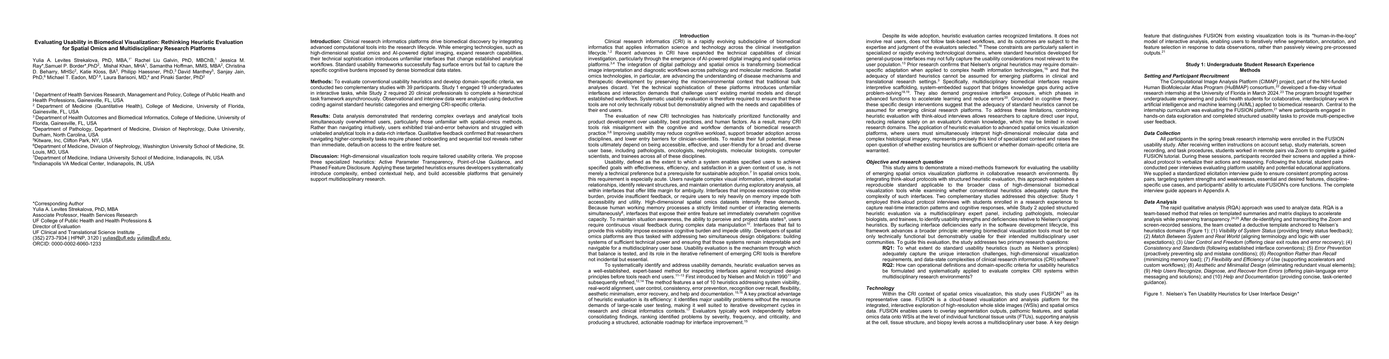 Thumbnail for Evaluating Usability in Biomedical Visualization: Rethinking Heuristic Evaluation for Spatial Omics and Multidisciplinary Research Platforms