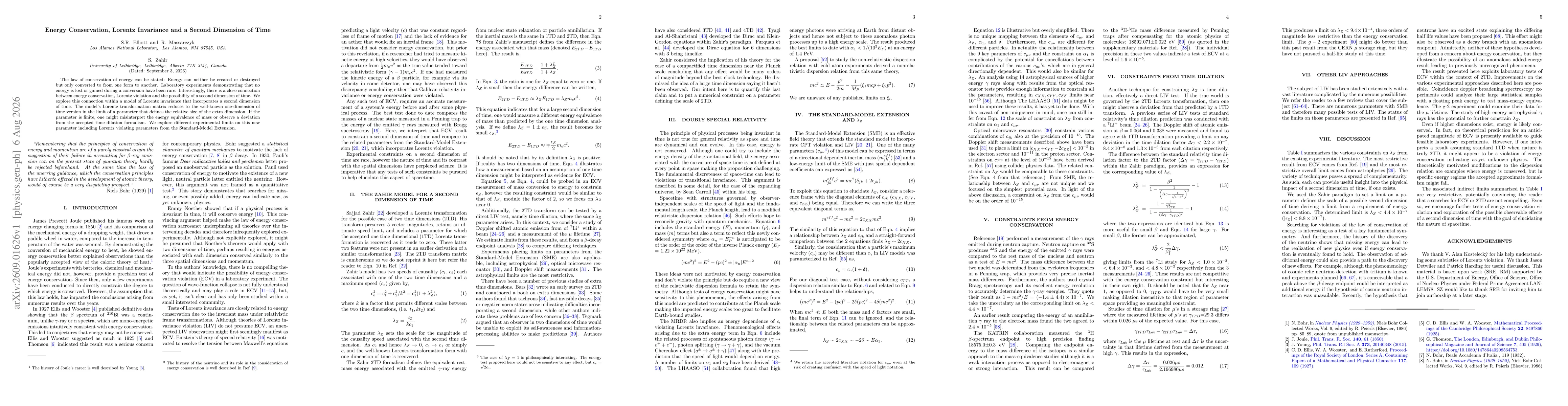 Thumbnail for Energy Conservation, Lorentz Invariance and a Second Dimension of Time