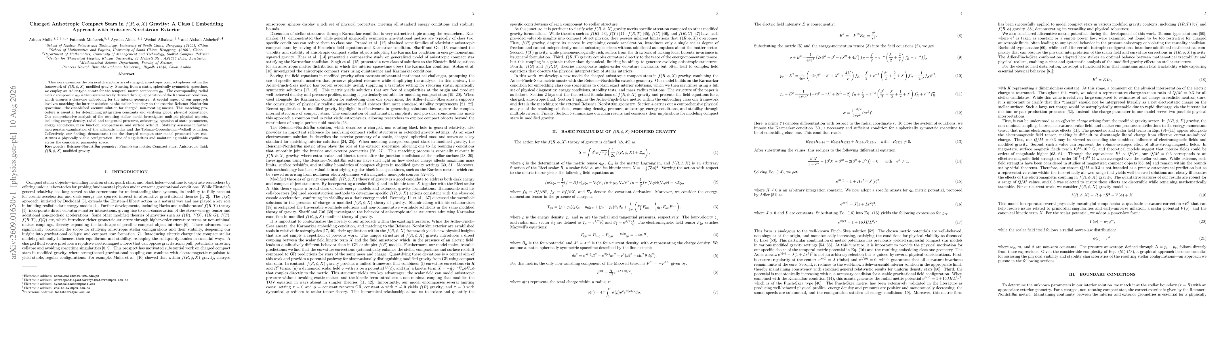 Thumbnail for Charged Anisotropic Compact Stars in $f(R,φ,X)$ Gravity: A Class I Embedding Approach with Reissner-Nordström Exterior
