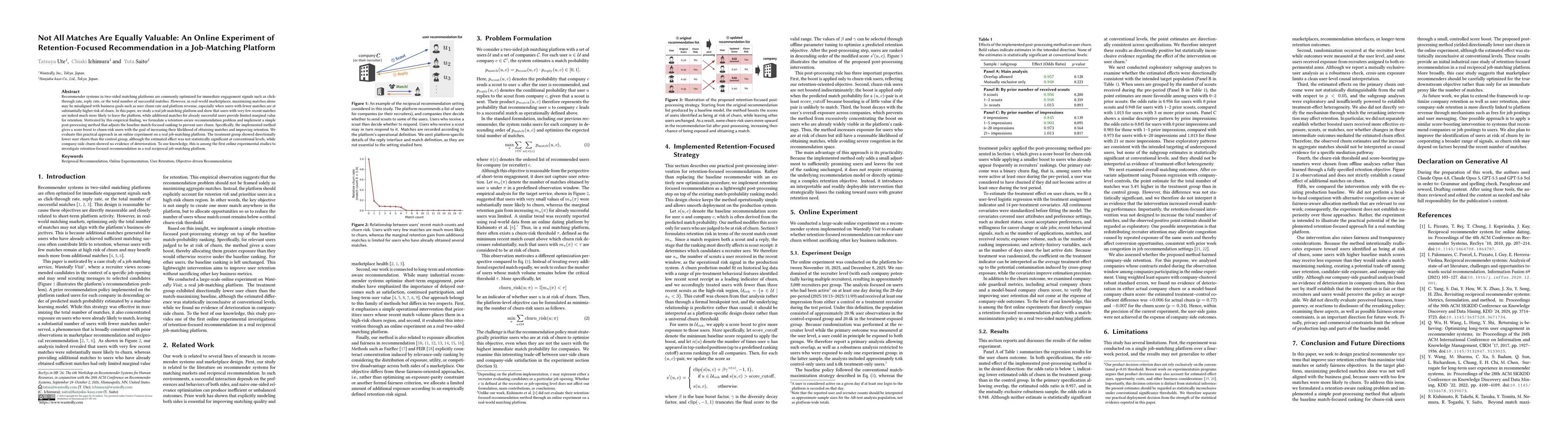 Thumbnail for Not All Matches Are Equally Valuable: An Online Experiment of Retention-Focused Recommendation in a Job-Matching Platform