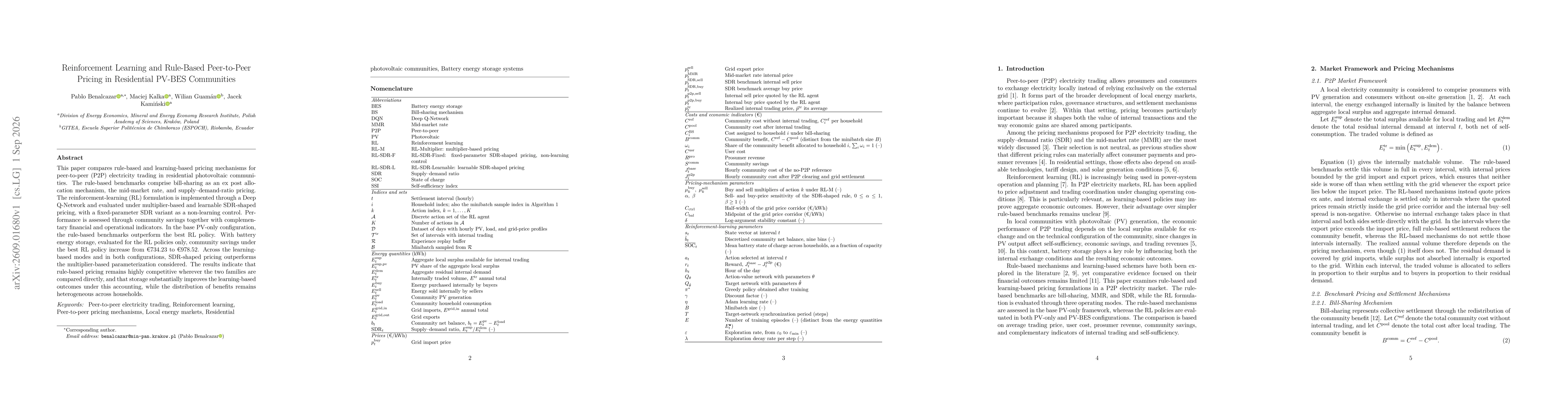Thumbnail for Reinforcement Learning and Rule-Based Peer-to-Peer Pricing in Residential PV-BES Communities