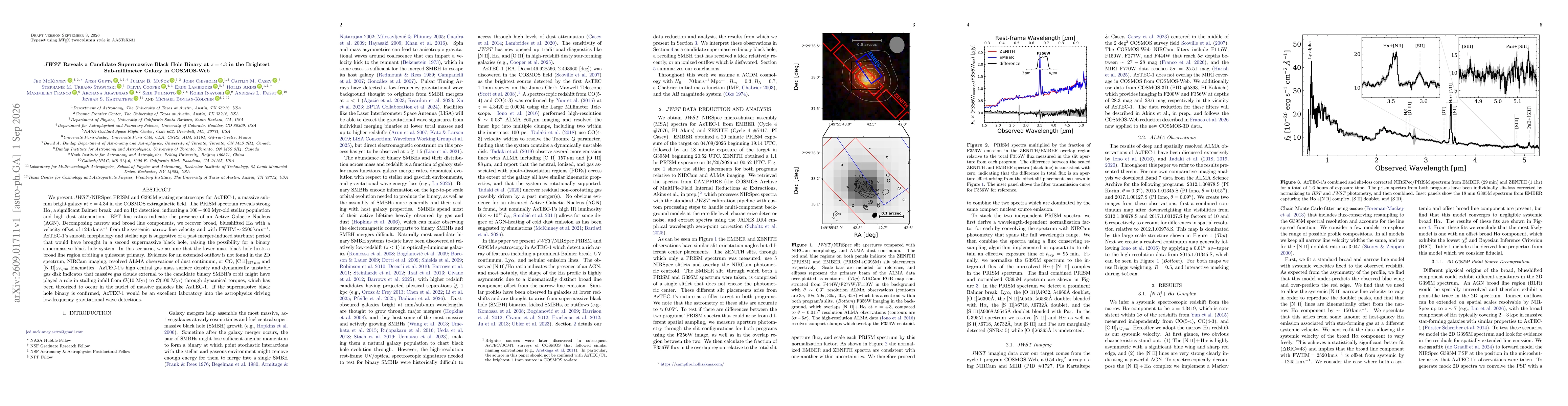 Thumbnail for JWST Reveals a Candidate Supermassive Black Hole Binary at z=4.3 in the Brightest Sub-millimeter Galaxy in COSMOS-Web