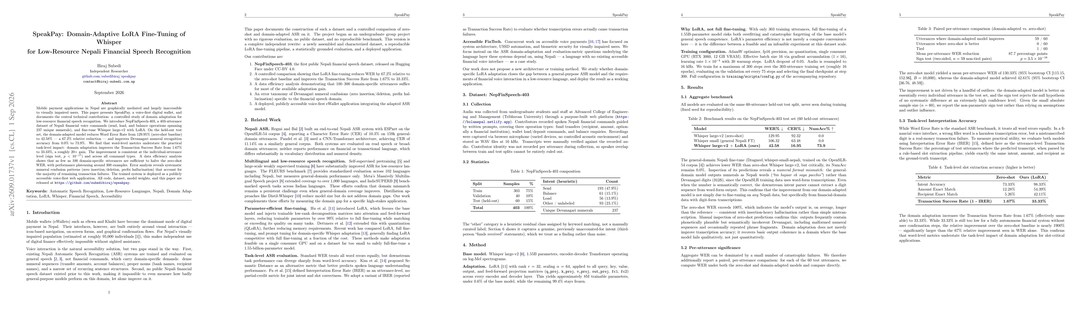 Thumbnail for SpeakPay: Domain-Adaptive LoRA Fine-Tuning of Whisper for Low-Resource Nepali Financial Speech Recognition