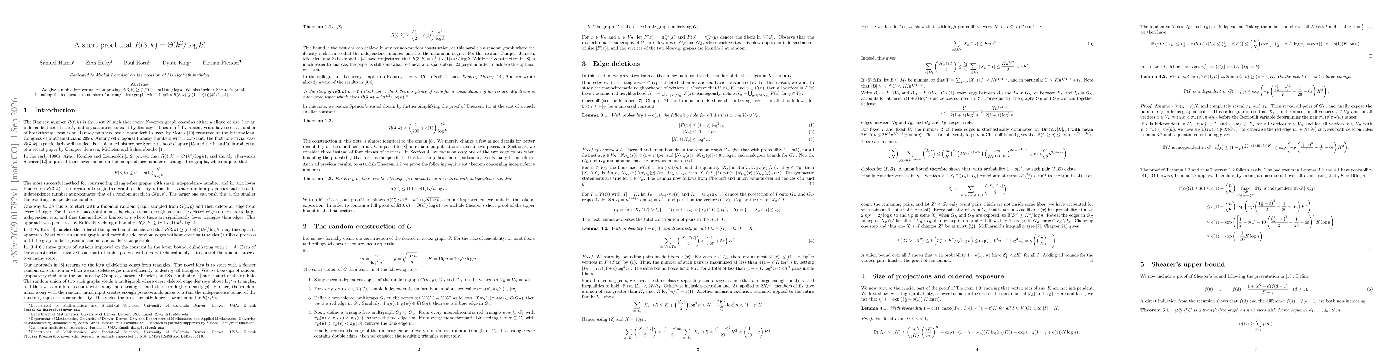 Thumbnail for A short proof that $R(3,k)=Θ(k^2/\log k)$