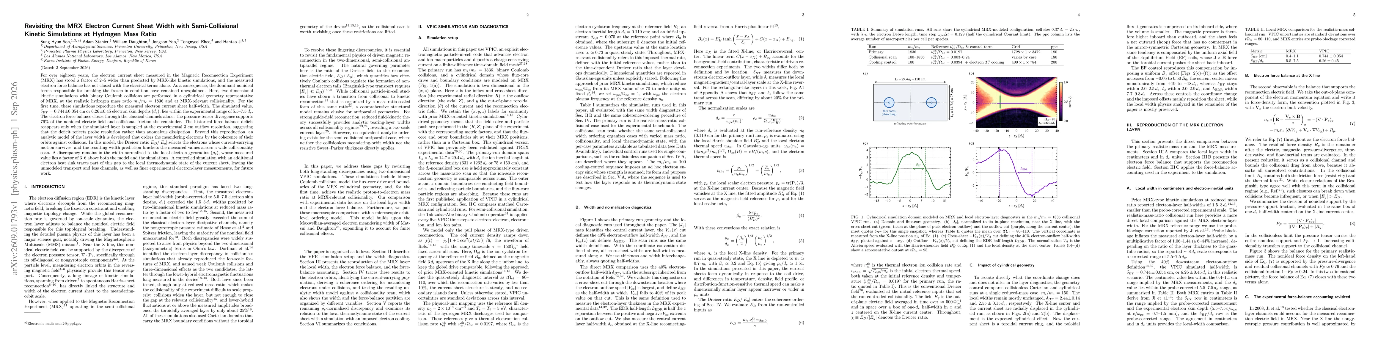 Thumbnail for Revisiting the MRX Electron Current Sheet Width with Semi-Collisional Kinetic Simulations at Hydrogen Mass Ratio