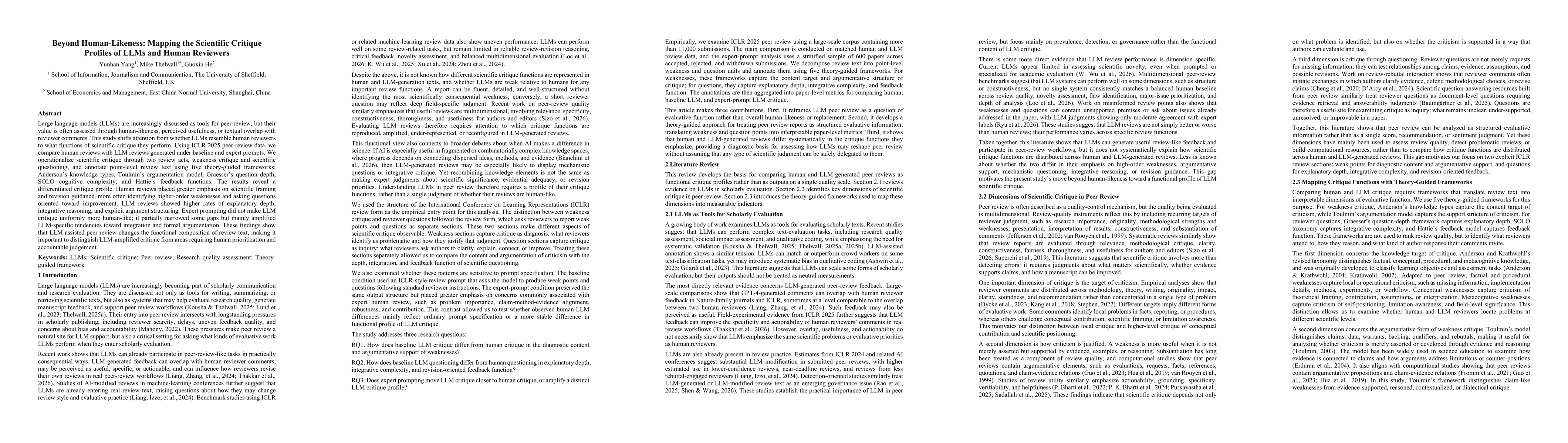 Thumbnail for Beyond Human-Likeness: Mapping the Scientific Critique Profiles of LLMs and Human Reviewers