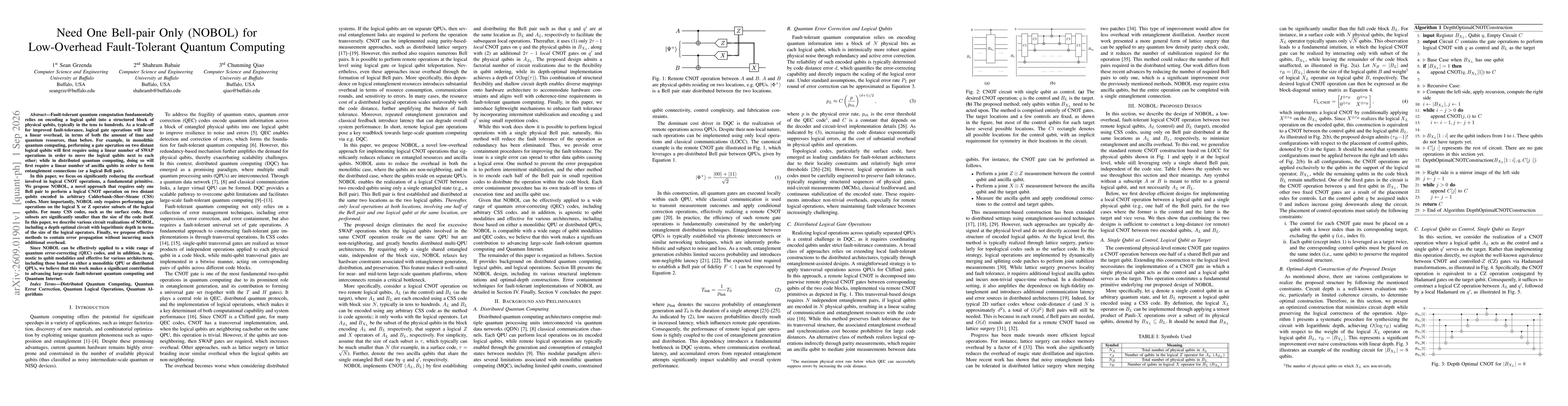Thumbnail for Need One Bell-pair Only (NOBOL) for Low-Overhead Fault-Tolerant Quantum Computing