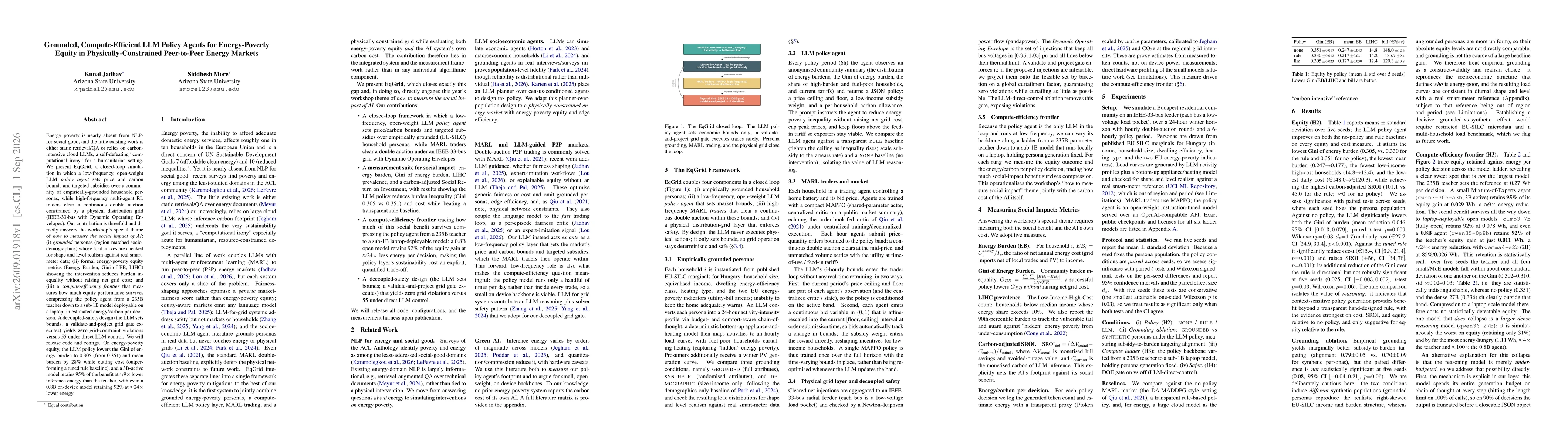 Thumbnail for Grounded, Compute-Efficient LLM Policy Agents for Energy-Poverty Equity in Physically-Constrained Peer-to-Peer Energy Markets