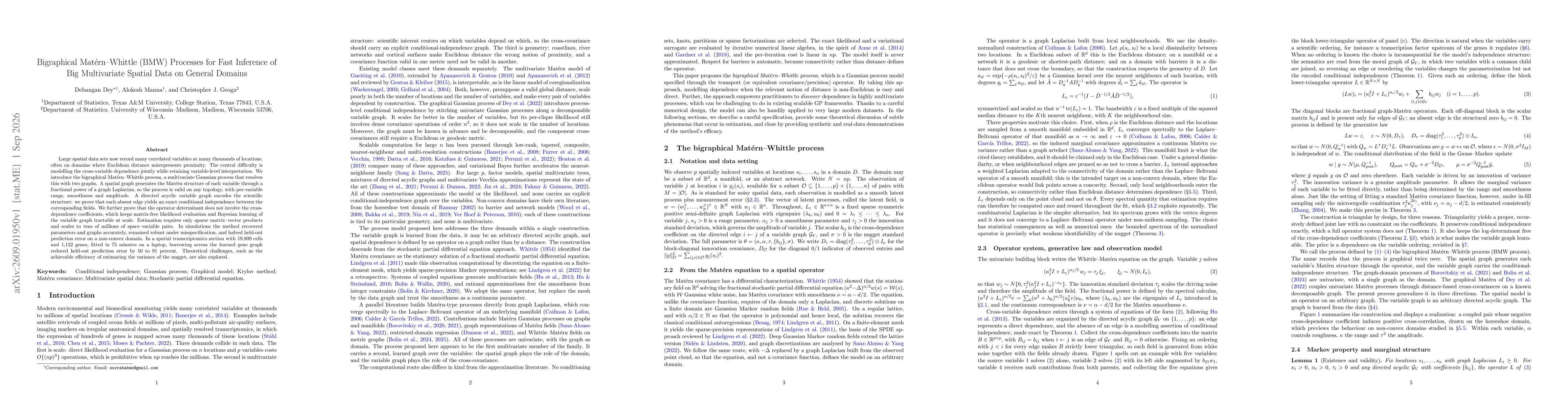 Thumbnail for Bigraphical Matérn-Whittle (BMW) Processes for Fast Inference of Big Multivariate Spatial Data on General Domains