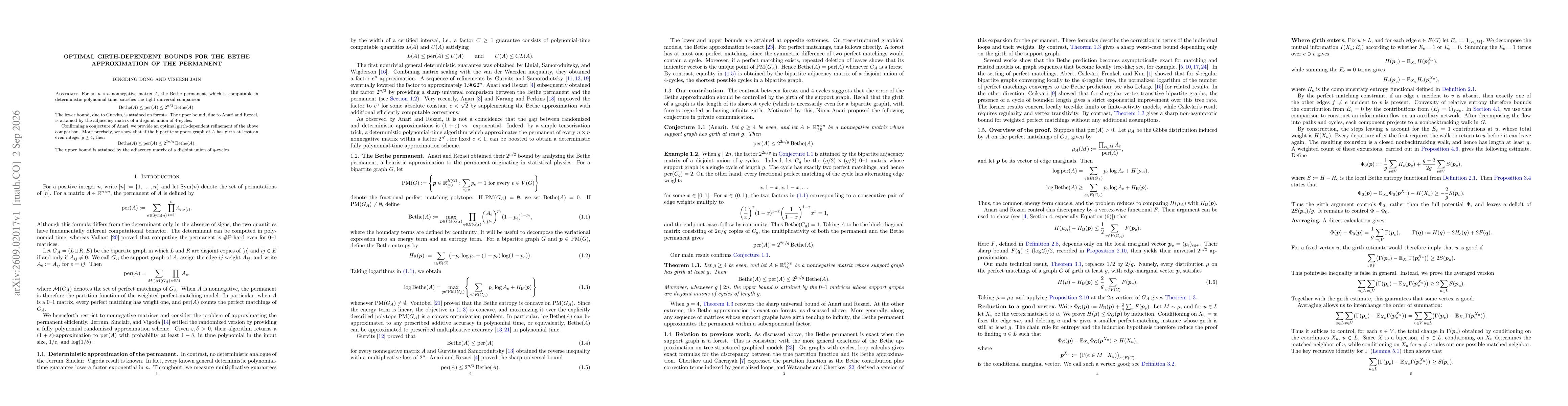 Thumbnail for Optimal girth-dependent bounds for the Bethe approximation of the permanent