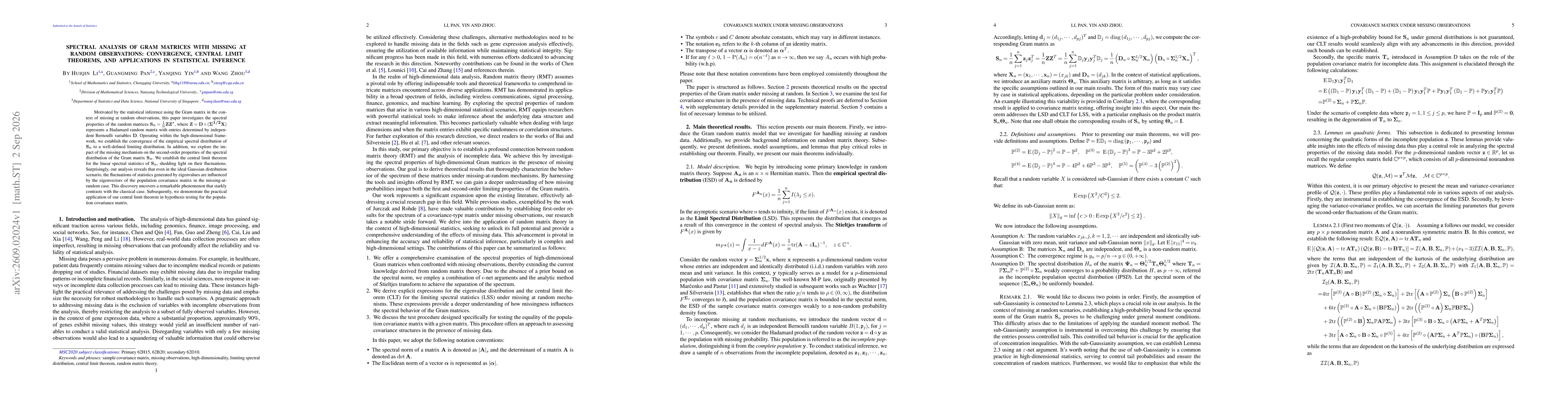 Thumbnail for Spectral Analysis of Gram Matrices with Missing at Random Observations: Convergence, Central Limit Theorems, and Applications in Statistical Inference