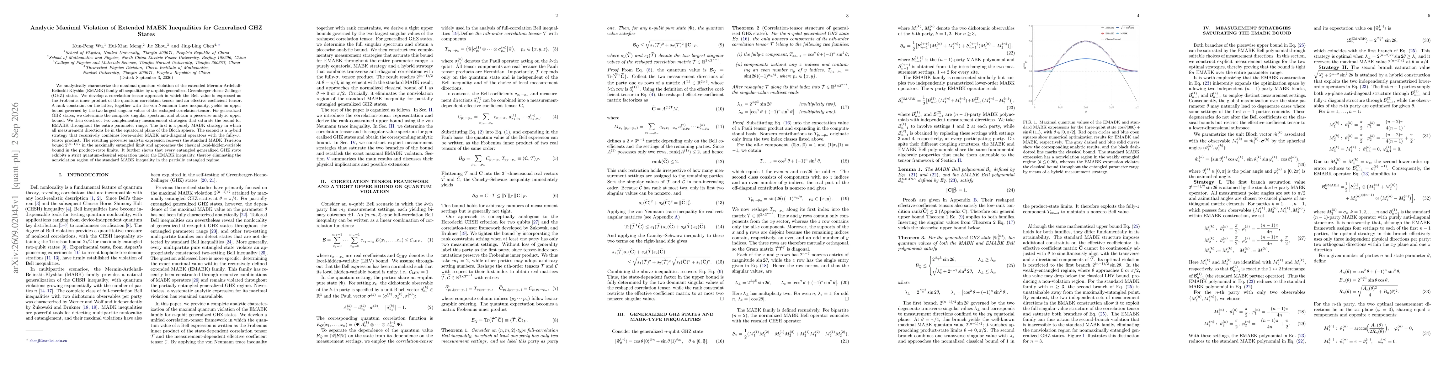 Thumbnail for Analytic Maximal Violation of Extended MABK Inequalities for Generalized GHZ States