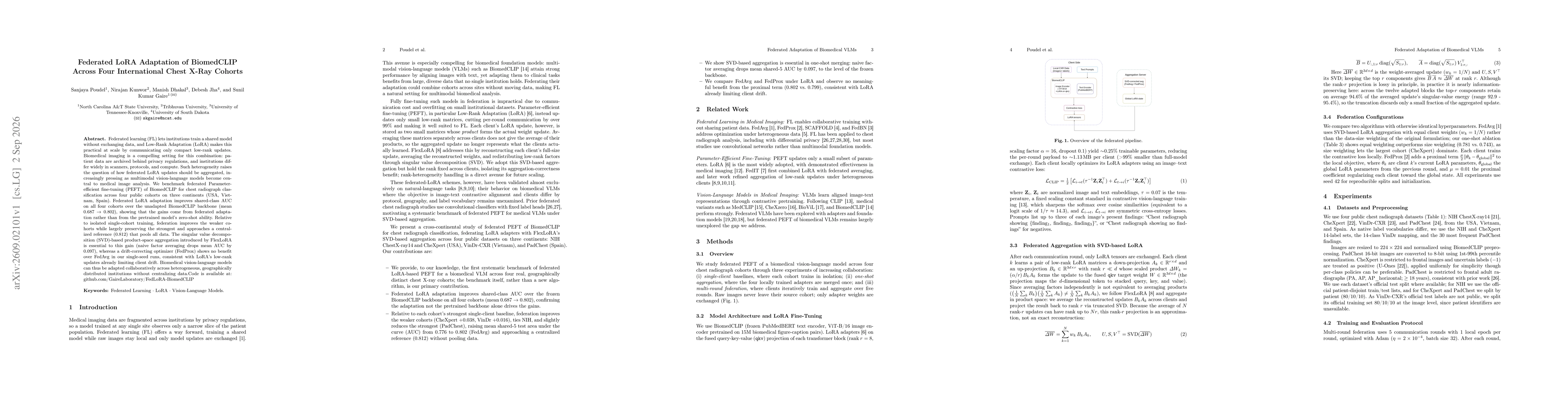 Thumbnail for Federated LoRA Adaptation of BiomedCLIP Across Four International Chest X-Ray Cohorts
