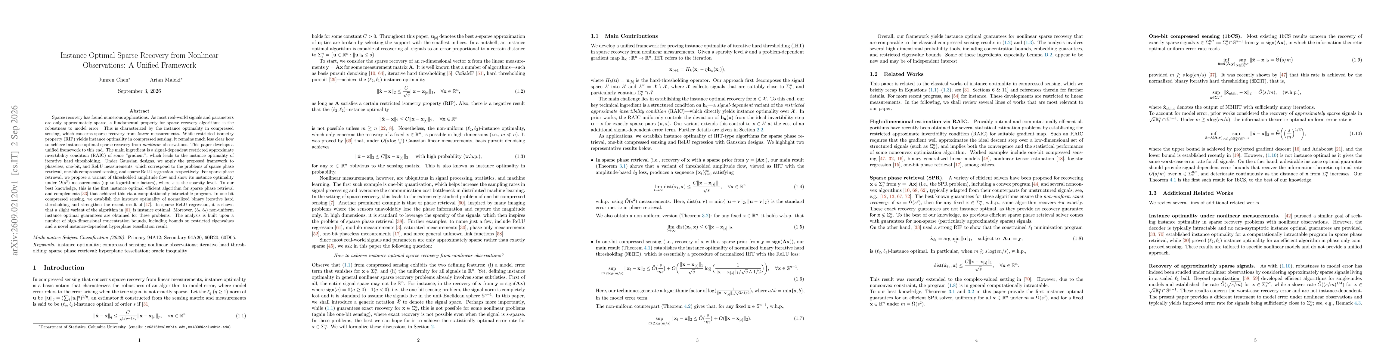Thumbnail for Instance Optimal Sparse Recovery from Nonlinear Observations: A Unified Framework