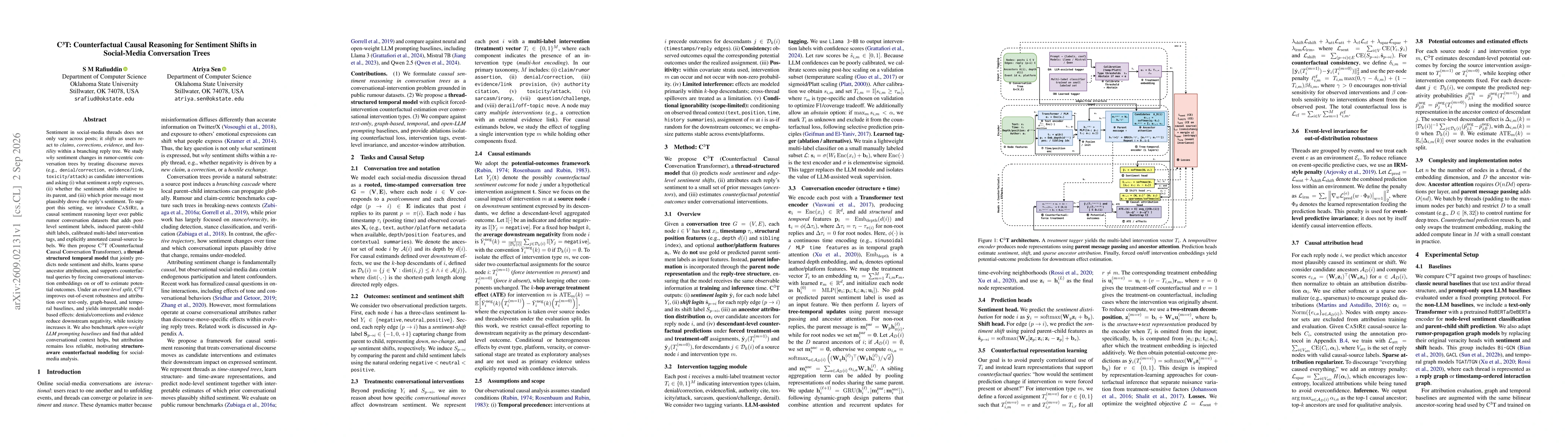 Thumbnail for C$^{3}$T: Counterfactual Causal Reasoning for Sentiment Shifts in Social-Media Conversation Trees