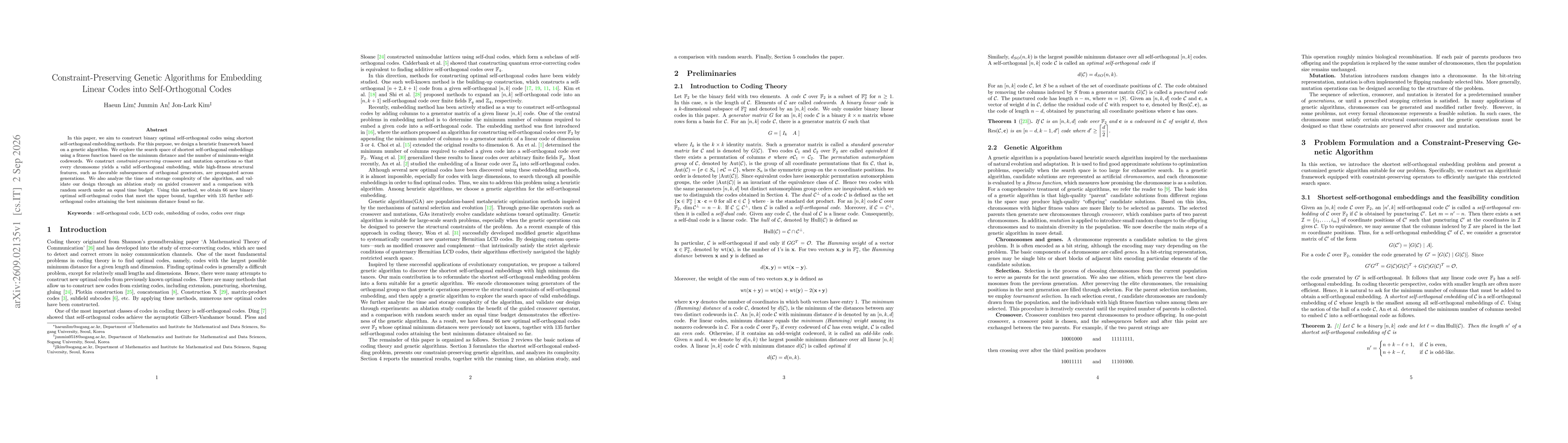 Thumbnail for Constraint-Preserving Genetic Algorithms for Embedding Linear Codes into Self-Orthogonal Codes