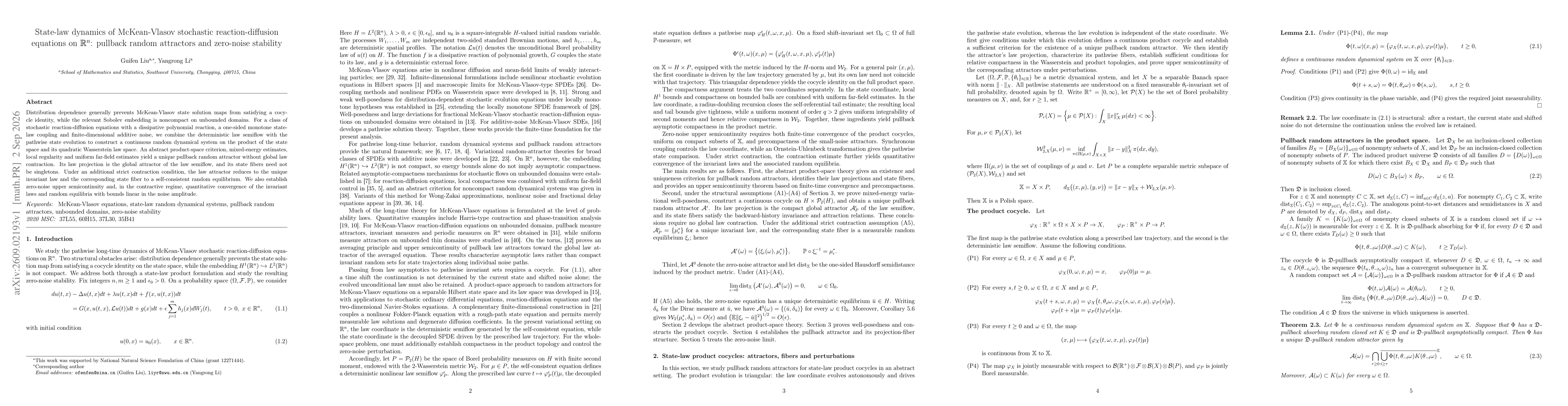 Thumbnail for State-law dynamics of McKean-Vlasov stochastic reaction-diffusion equations on $\mathbb R^n$: pullback random attractors and zero-noise stability