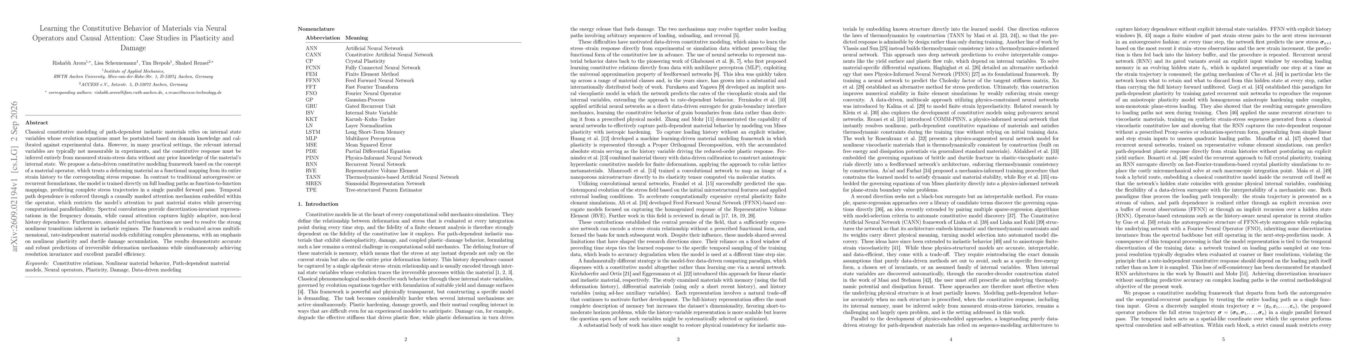 Thumbnail for Learning the Constitutive Behavior of Materials via Neural Operators and Causal Attention: Case Studies in Plasticity and Damage