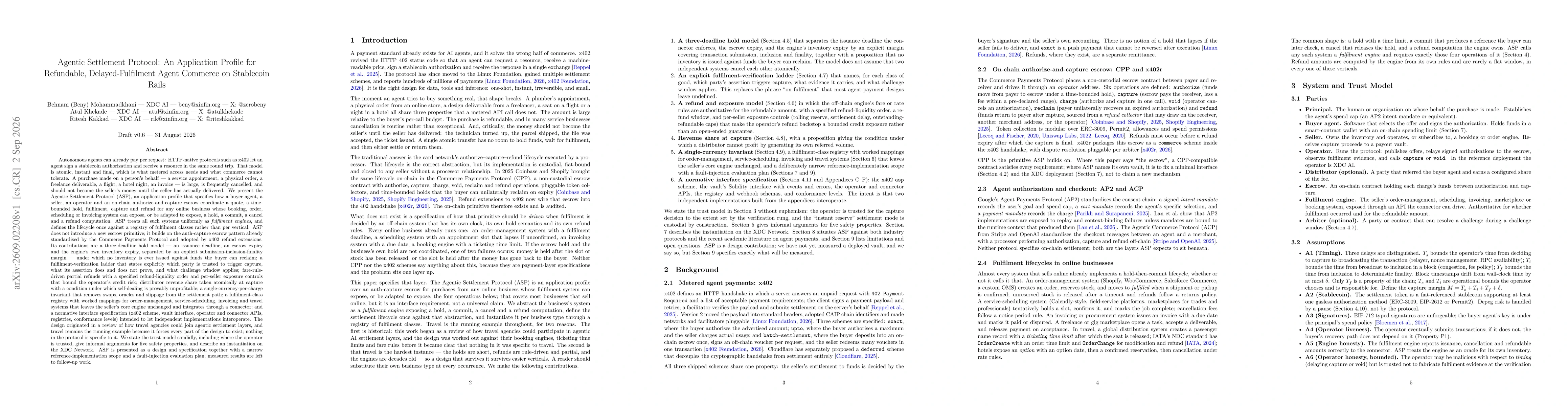 Thumbnail for Agentic Settlement Protocol: An Application Profile for Refundable, Delayed-Fulfilment Agent Commerce on Stablecoin Rails