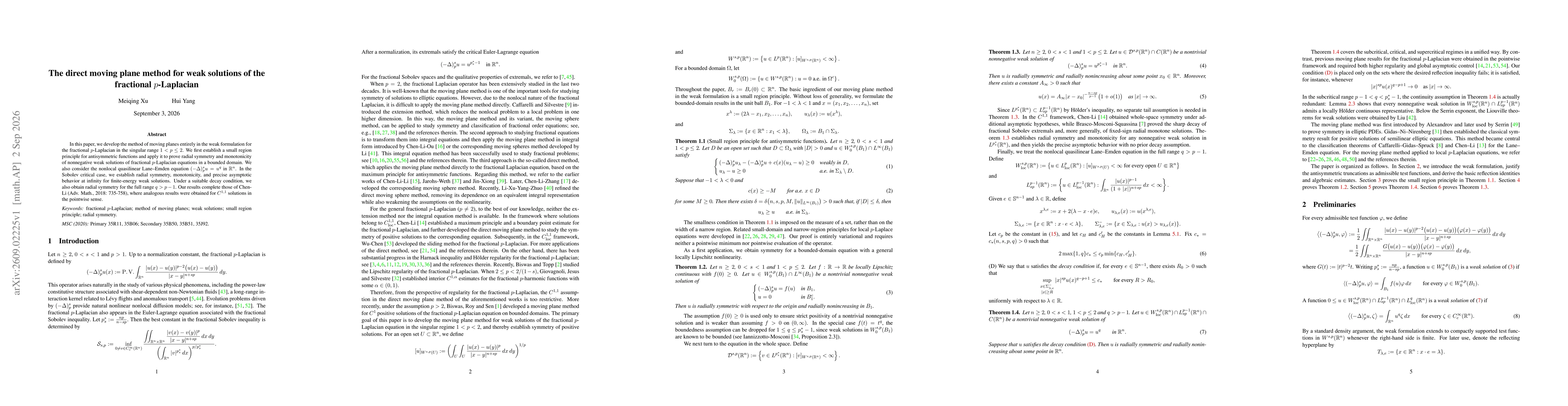 Thumbnail for The direct moving plane method for weak solutions of the fractional $p$-Laplacian