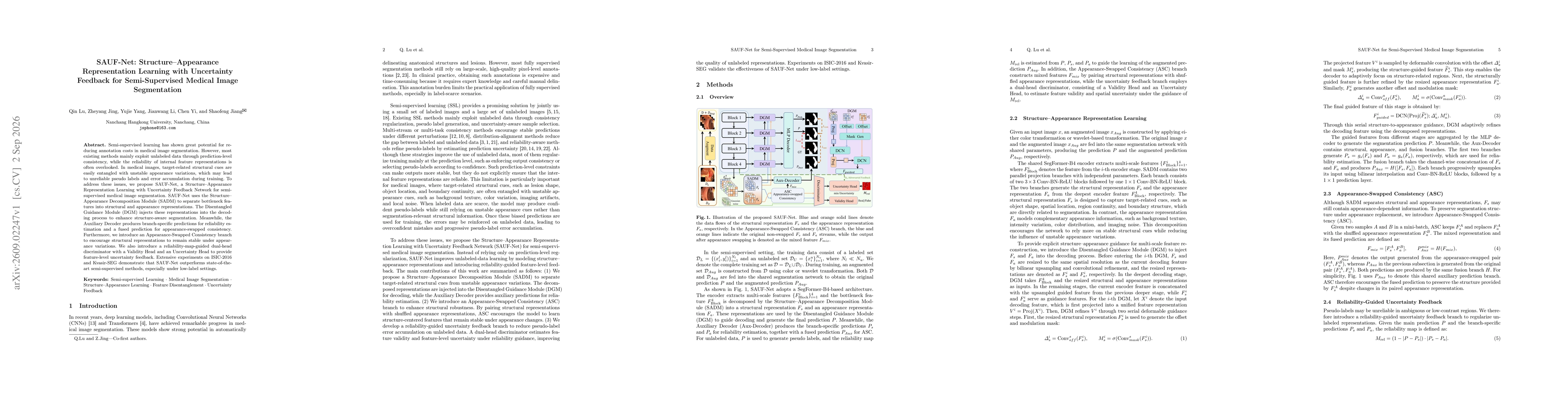 Thumbnail for SAUF-Net: Structure--Appearance Representation Learning with Uncertainty Feedback for Semi-Supervised Medical Image Segmentation