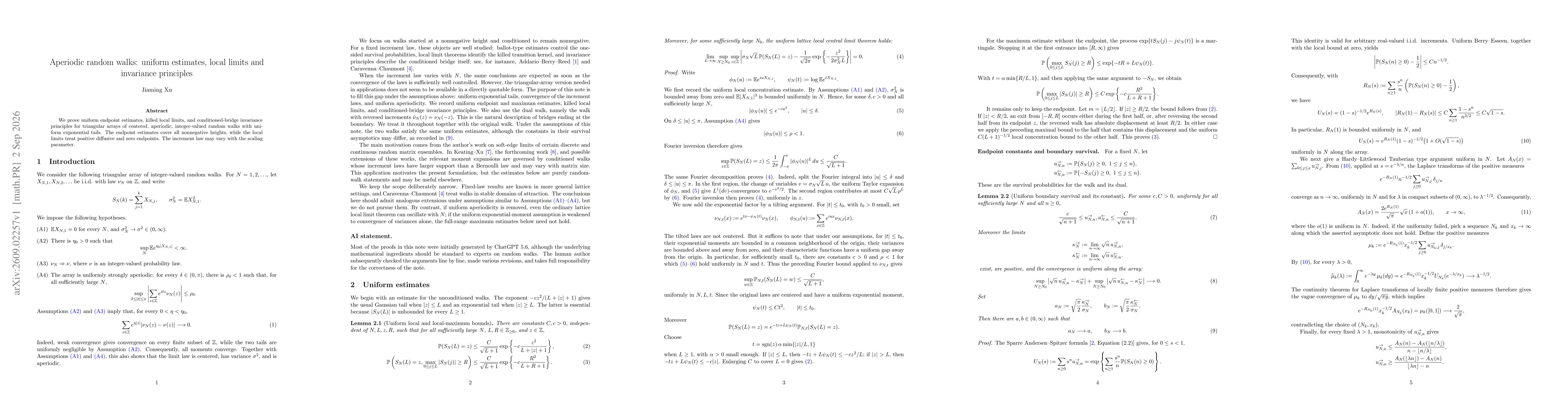 Thumbnail for Aperiodic random walks: uniform estimates, local limits and invariance principles