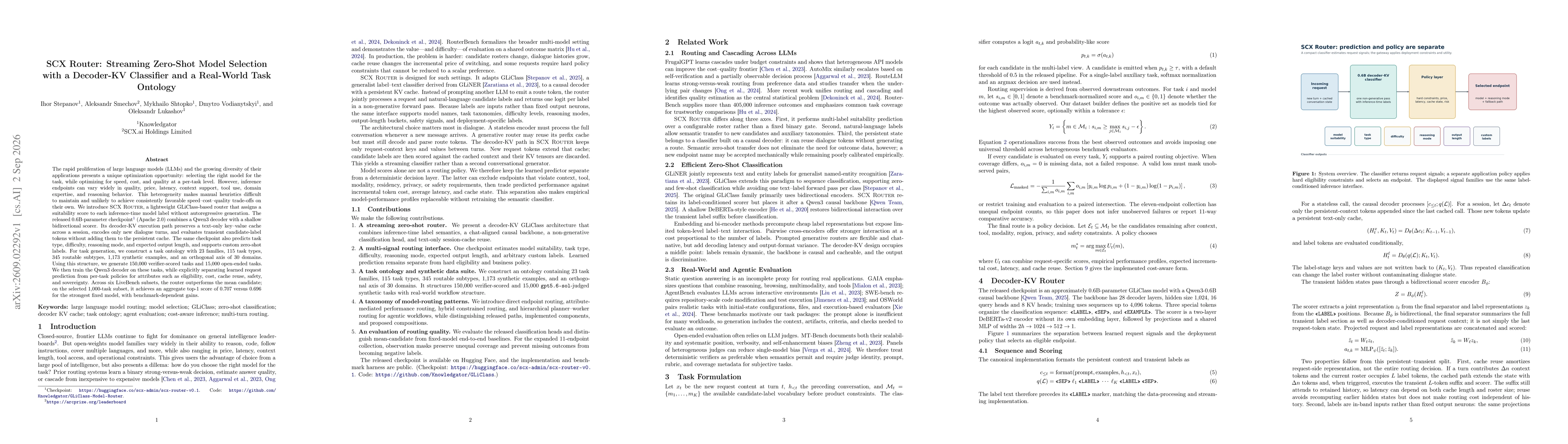 Thumbnail for SCX Router: Streaming Zero-Shot Model Selection with a Decoder-KV Classifier and a Real-World Task Ontology