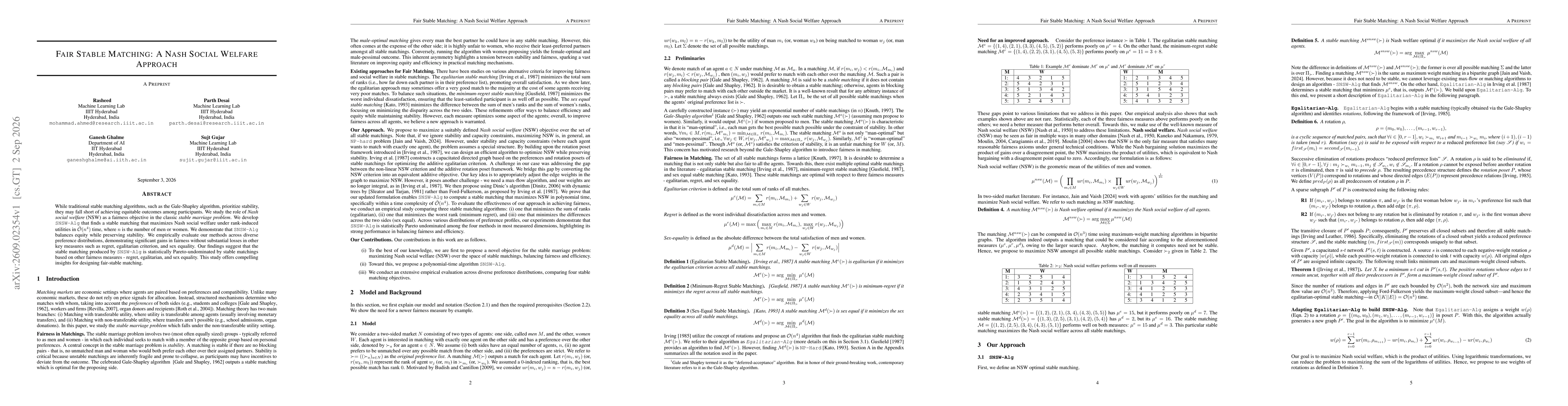Thumbnail for Fair Stable Matching: A Nash Social Welfare Approach