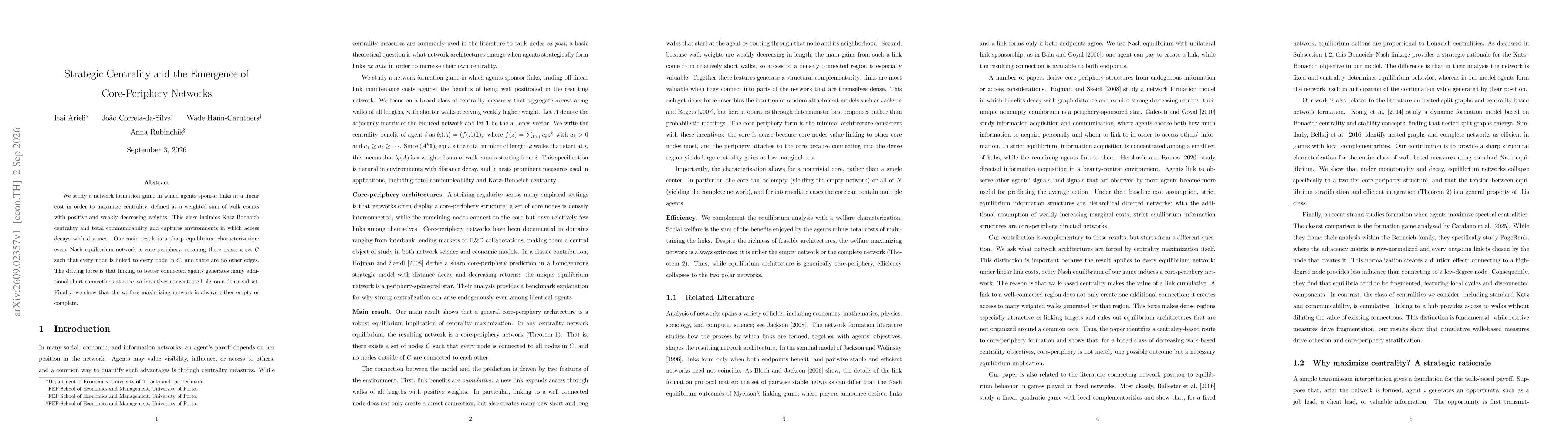 Thumbnail for Strategic Centrality and the Emergence of Core-Periphery Networks