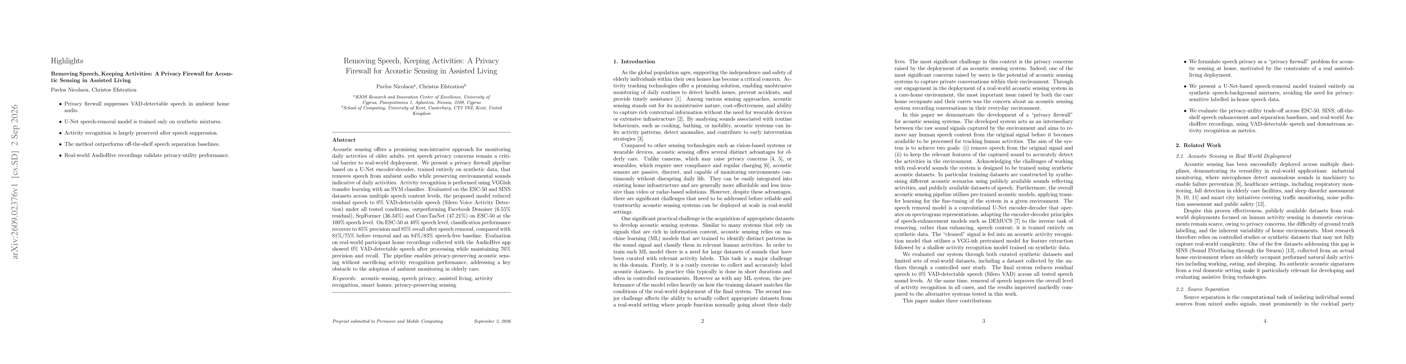 Thumbnail for Removing Speech, Keeping Activities: A Privacy Firewall for Acoustic Sensing in Assisted Living