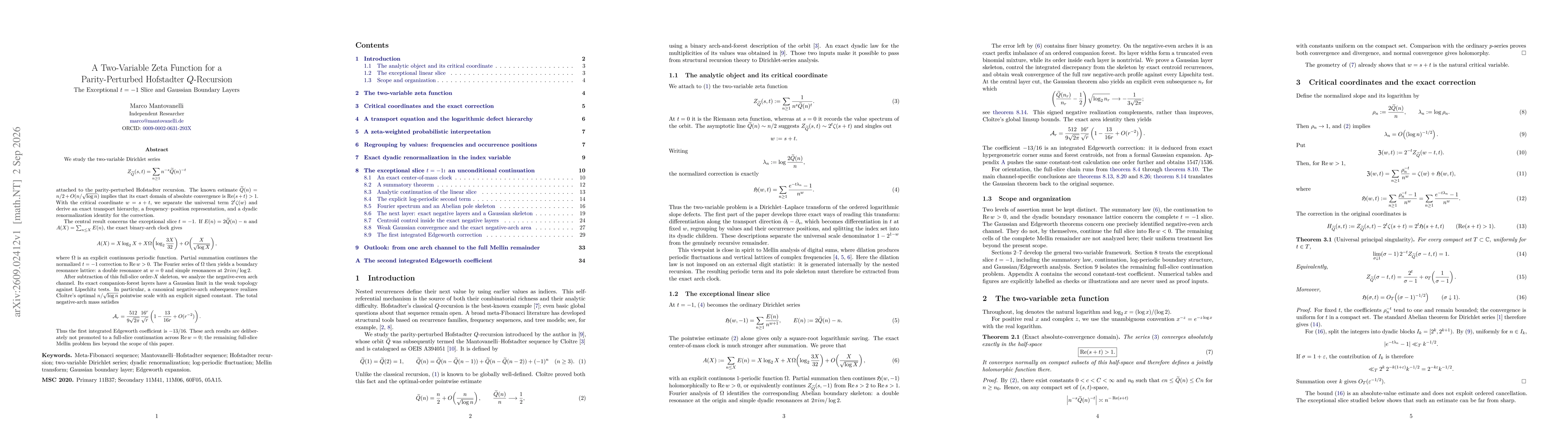 Thumbnail for A Two-Variable Zeta Function for a Parity-Perturbed Hofstadter Q-Recursion: The Exceptional t = -1 Slice and Gaussian Boundary Layers